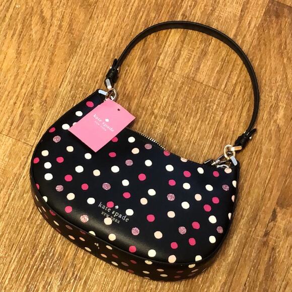 Kate Spade Staci Black Crossbody Bag Purse with Pink and White Polka Dots - Picture 5 of 10